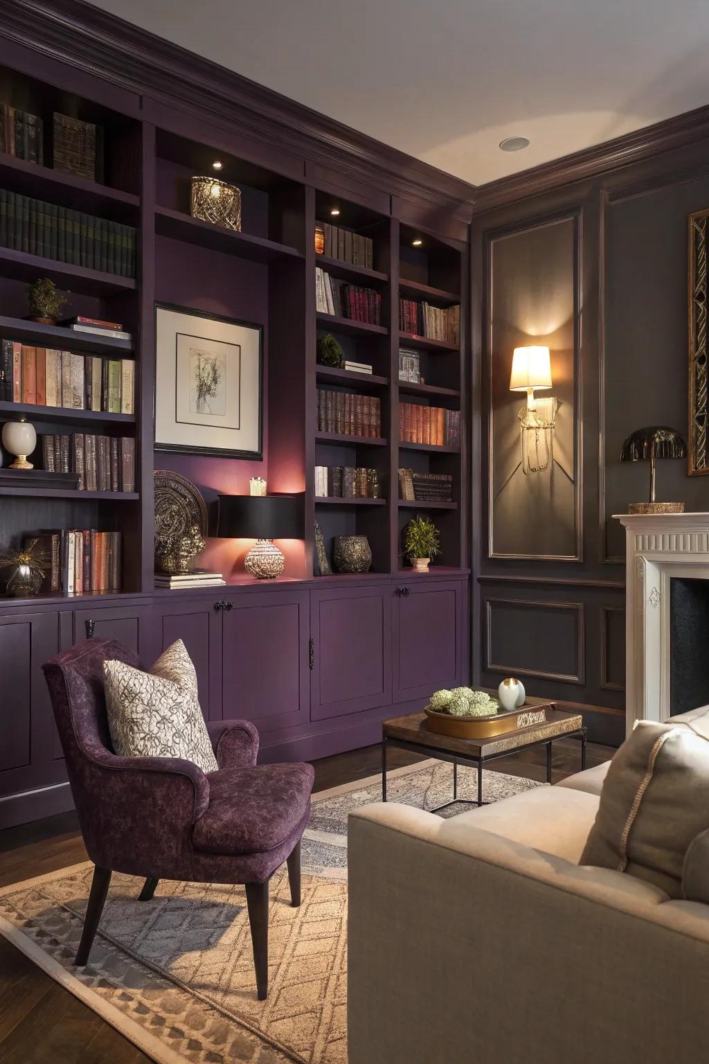 Dark purple bookshelves add personality and charm to this stylish living room.