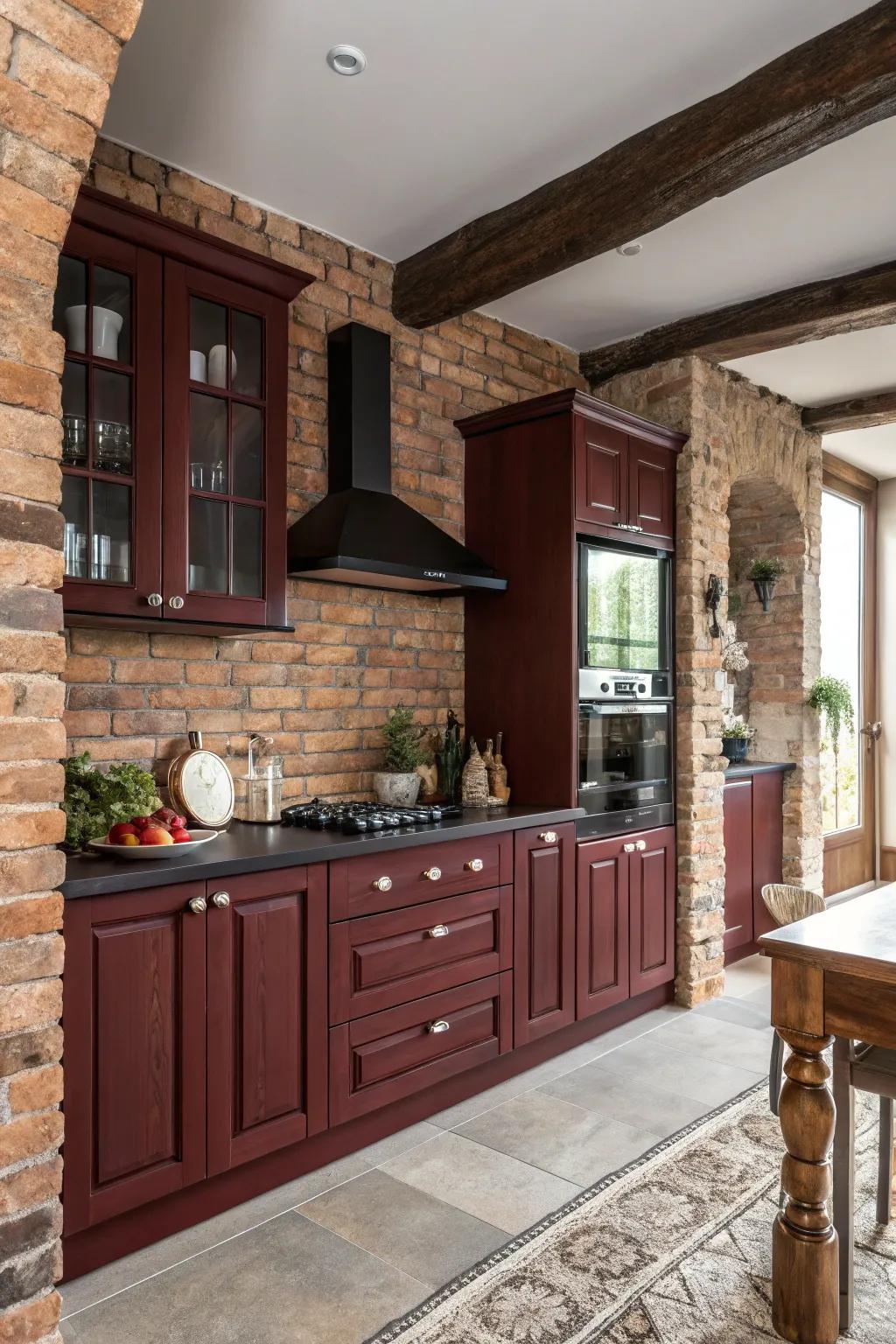 Traditional kitchen with dark red cabinets and brick accents.