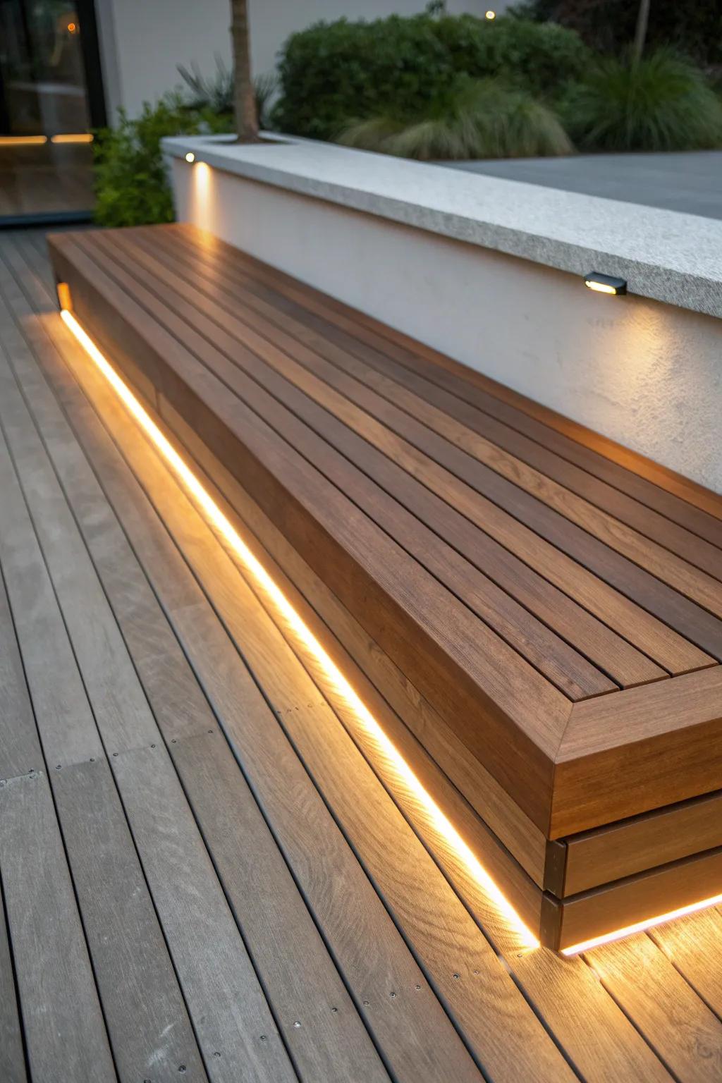 Elevate your outdoor space with a deck bench that glows with style and craftsmanship.