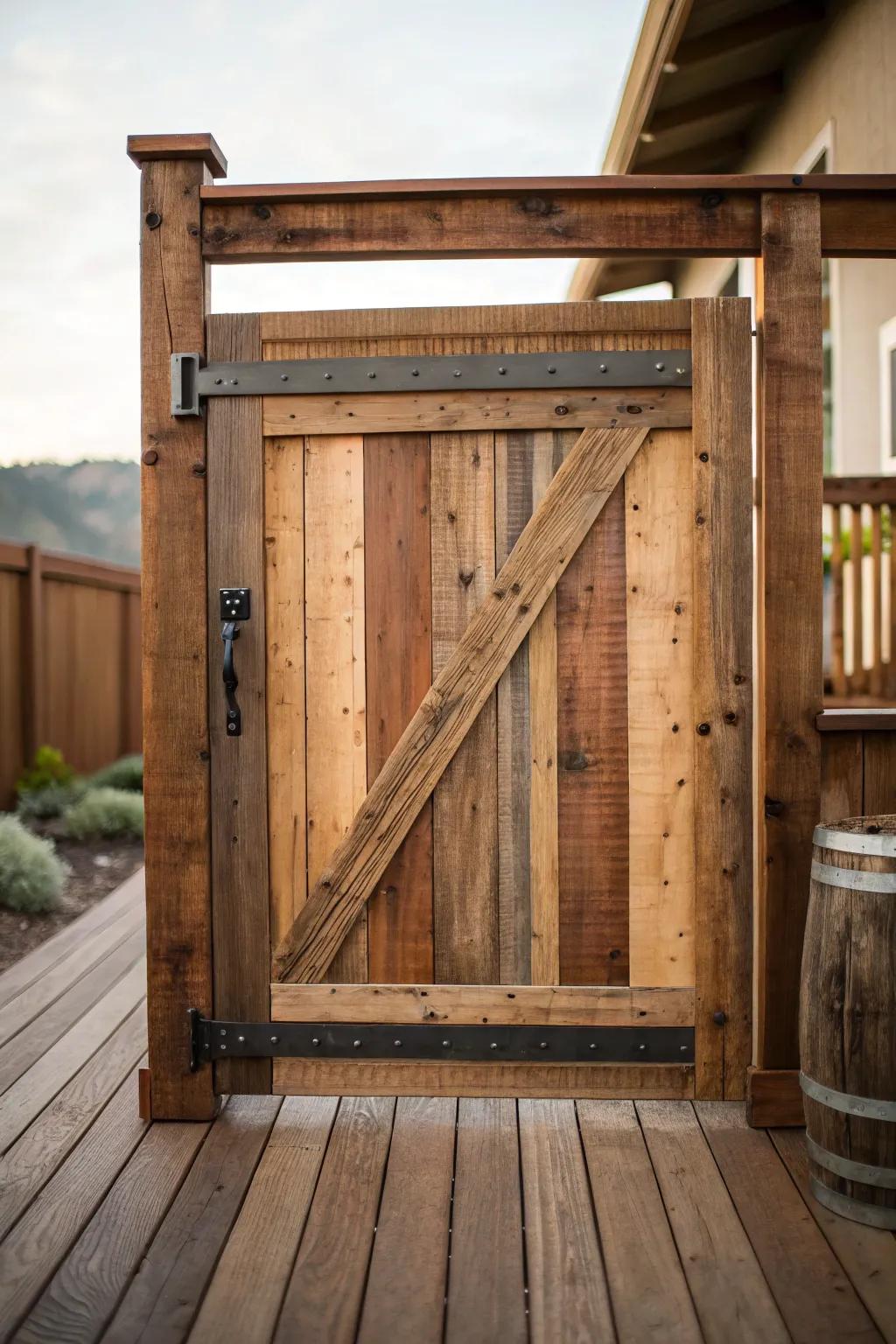 Sustainable elegance: A deck gate crafted from reclaimed wood brings history and style to your outdoor space.