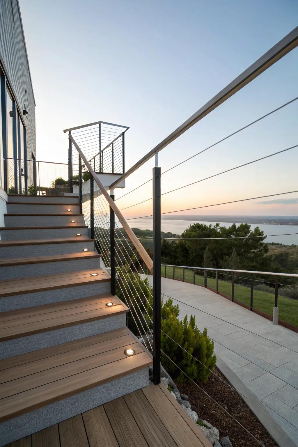 Deck stairs with sleek cable railings for a modern aesthetic.
