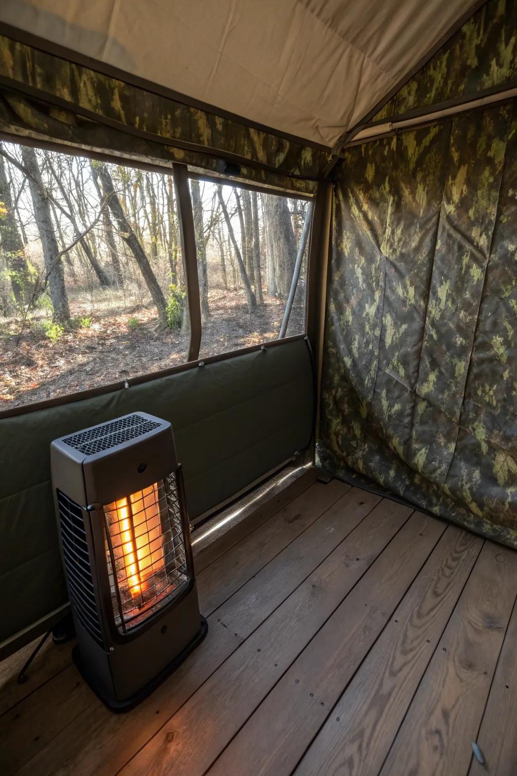 A movable heater offers warmth and ease during cold hunting days.