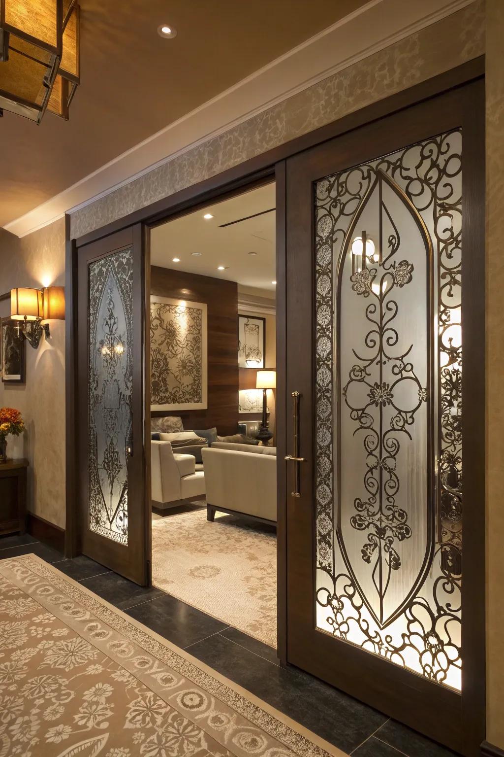 Detailed glass entrances add artistic flair and privacy.