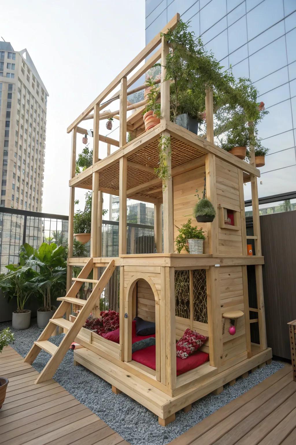 A feline paradise: this multi-level catio offers endless adventures and cozy retreats for your furry friends!