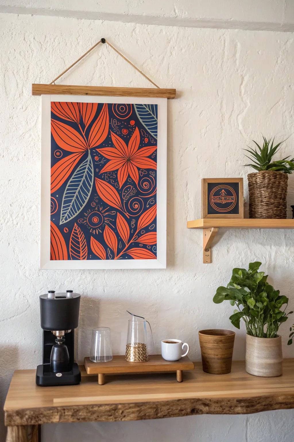 Transform your coffee corner into a conversation starter with bold and vibrant wall art.