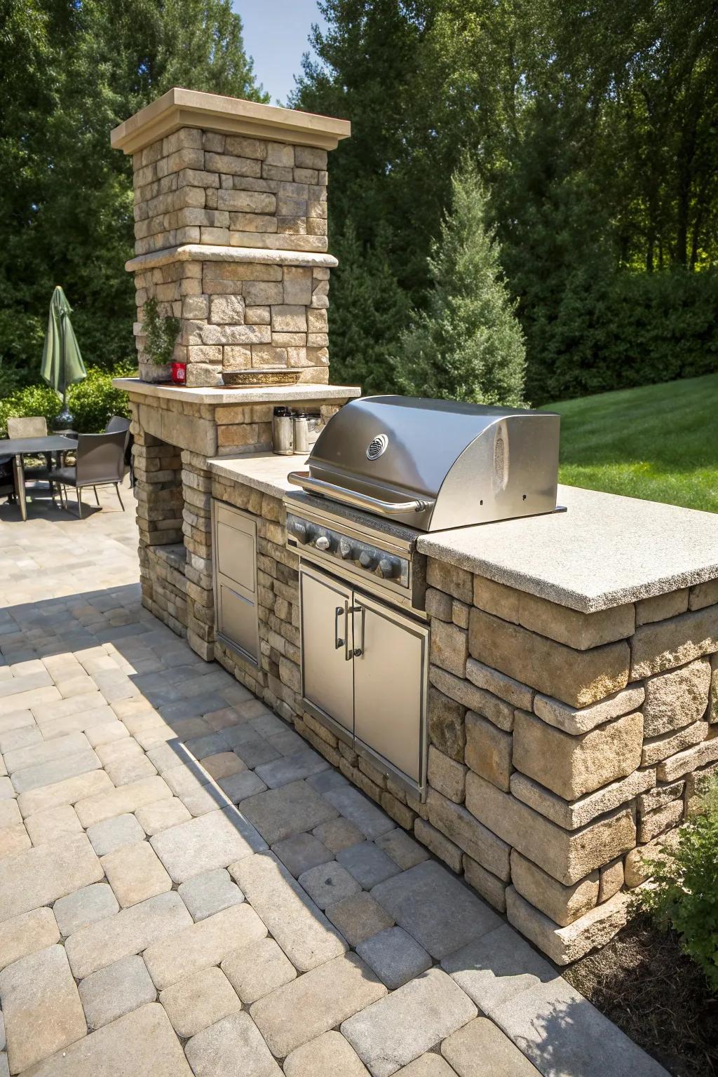Transform your backyard into a Tuscan retreat with this stunning stone veneer grill station.