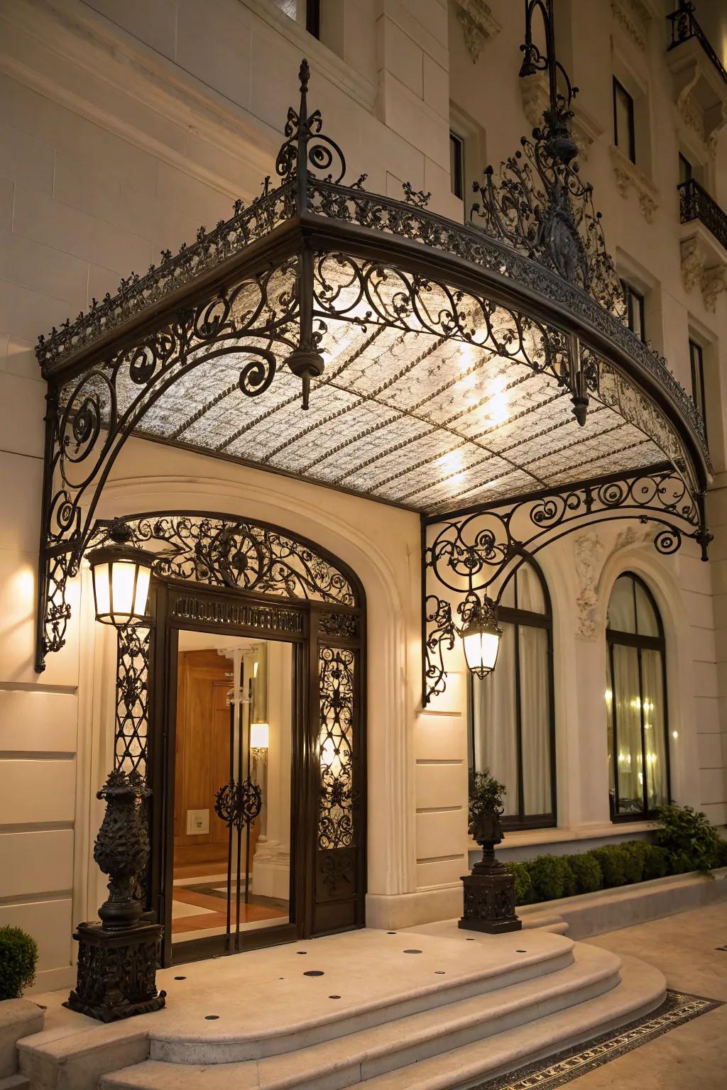 An entrance with old-time ironwork shelter, detailed and stylish.