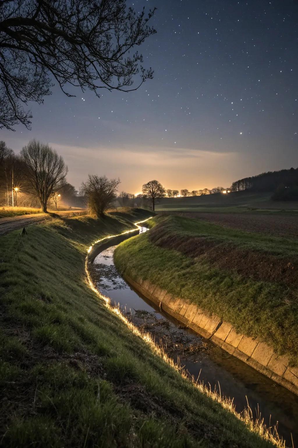 Lighting transforms a swale into a nighttime garden feature.