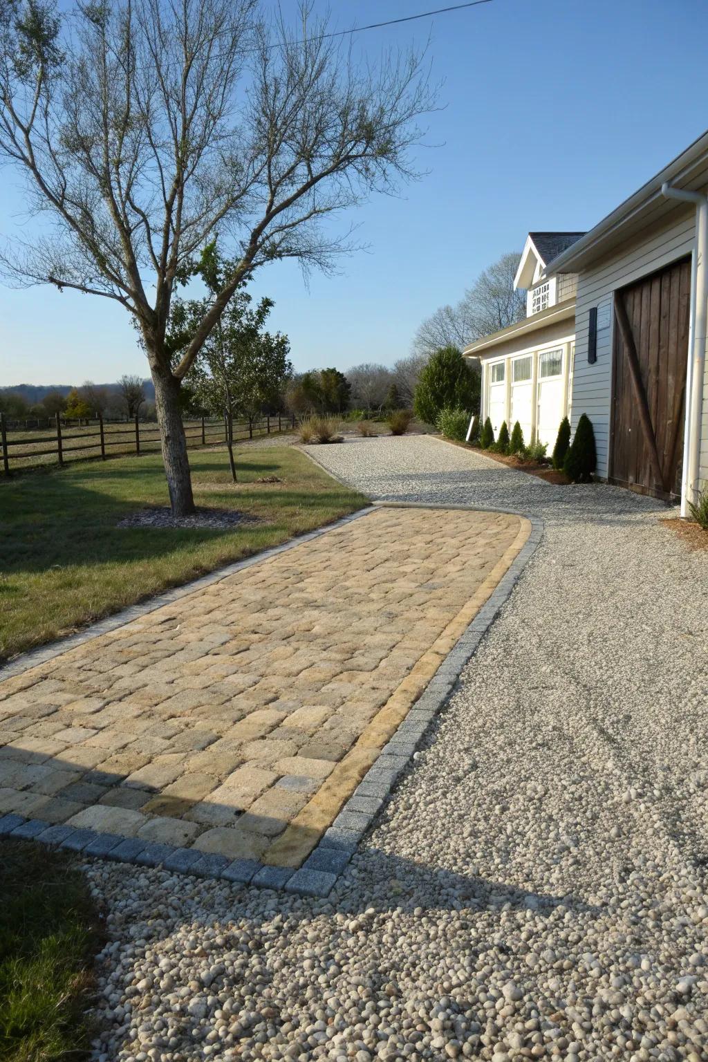 A gravel and paver mix offers a rustic and refined aesthetic.