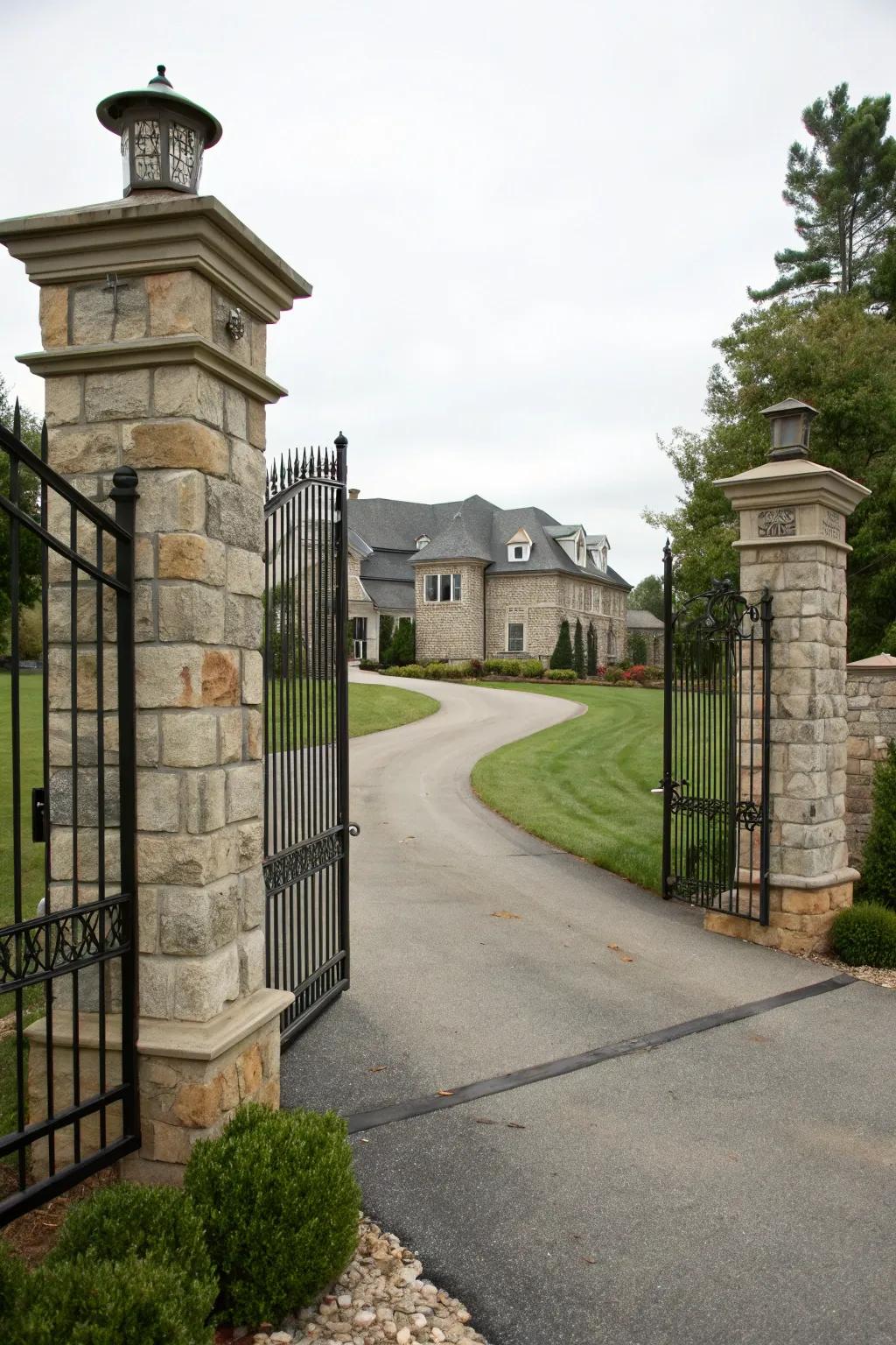 Stone columns paired with metal boundaries provide a majestic entryway.