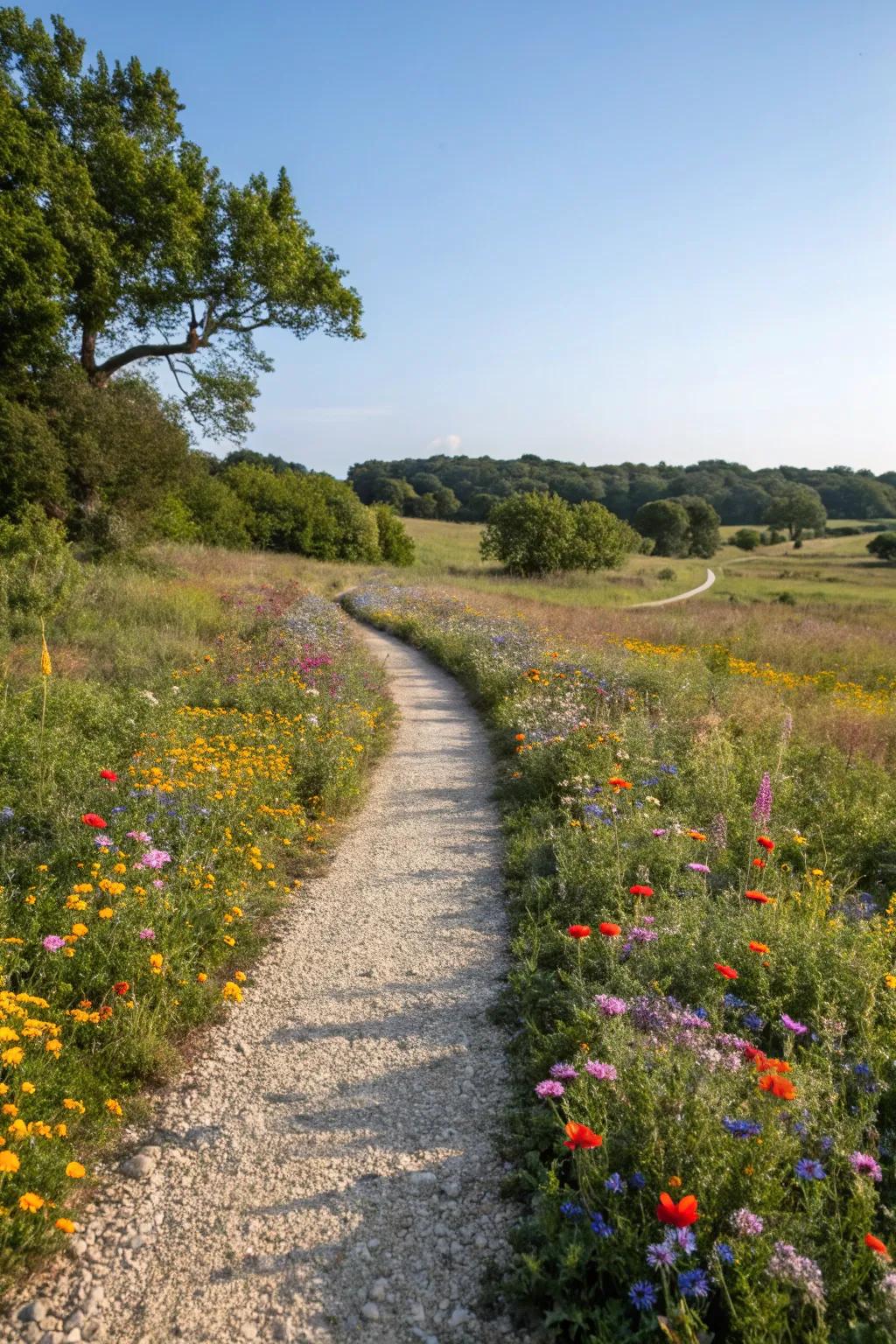 A gravel path adorned with vibrant wildflowers.