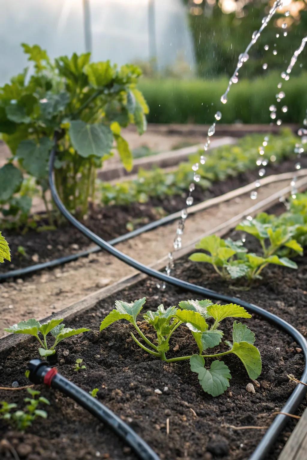 Drip irrigation ensures efficient water use in your garden.
