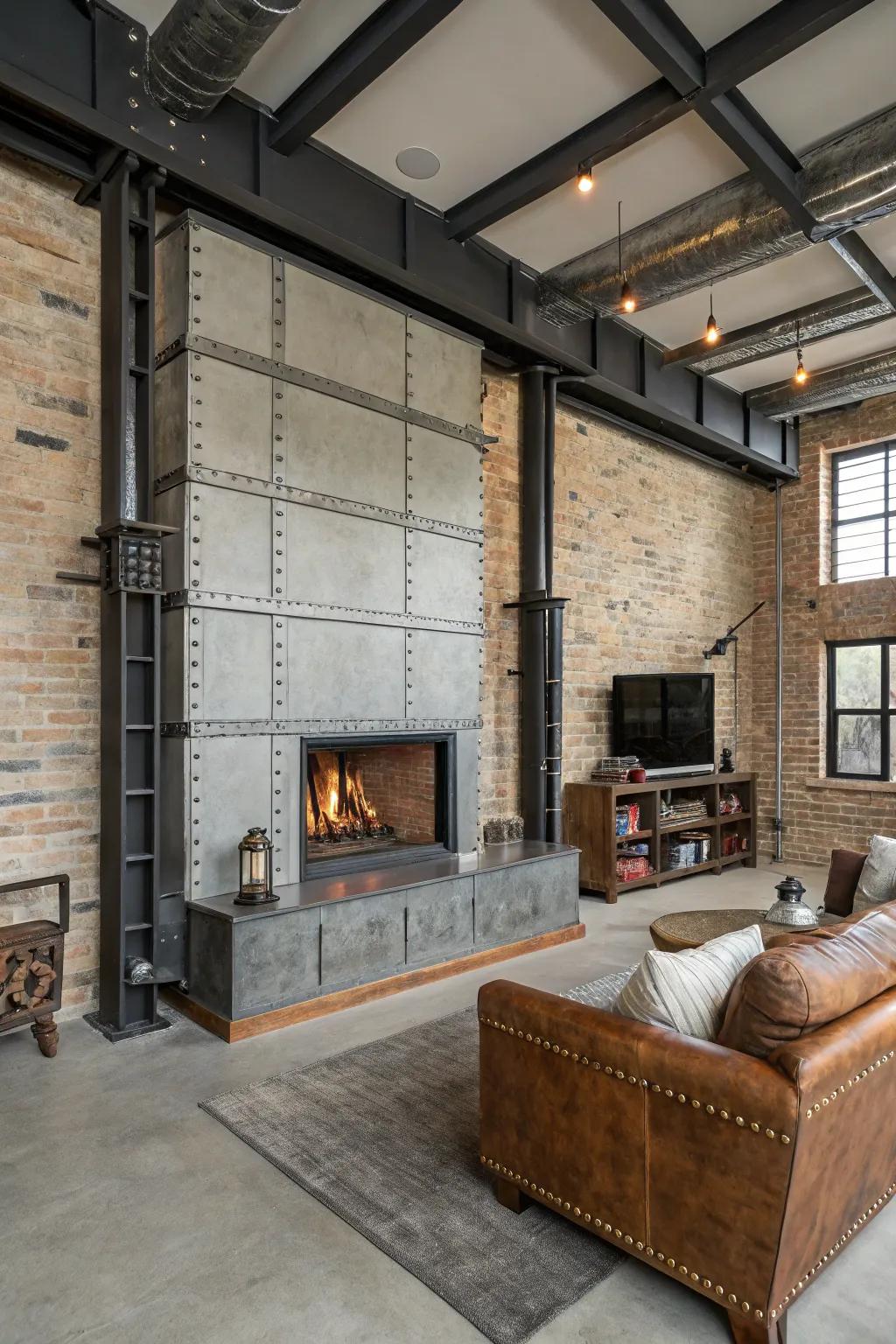 Metal accents give a plasterboard hearth an urban edge.