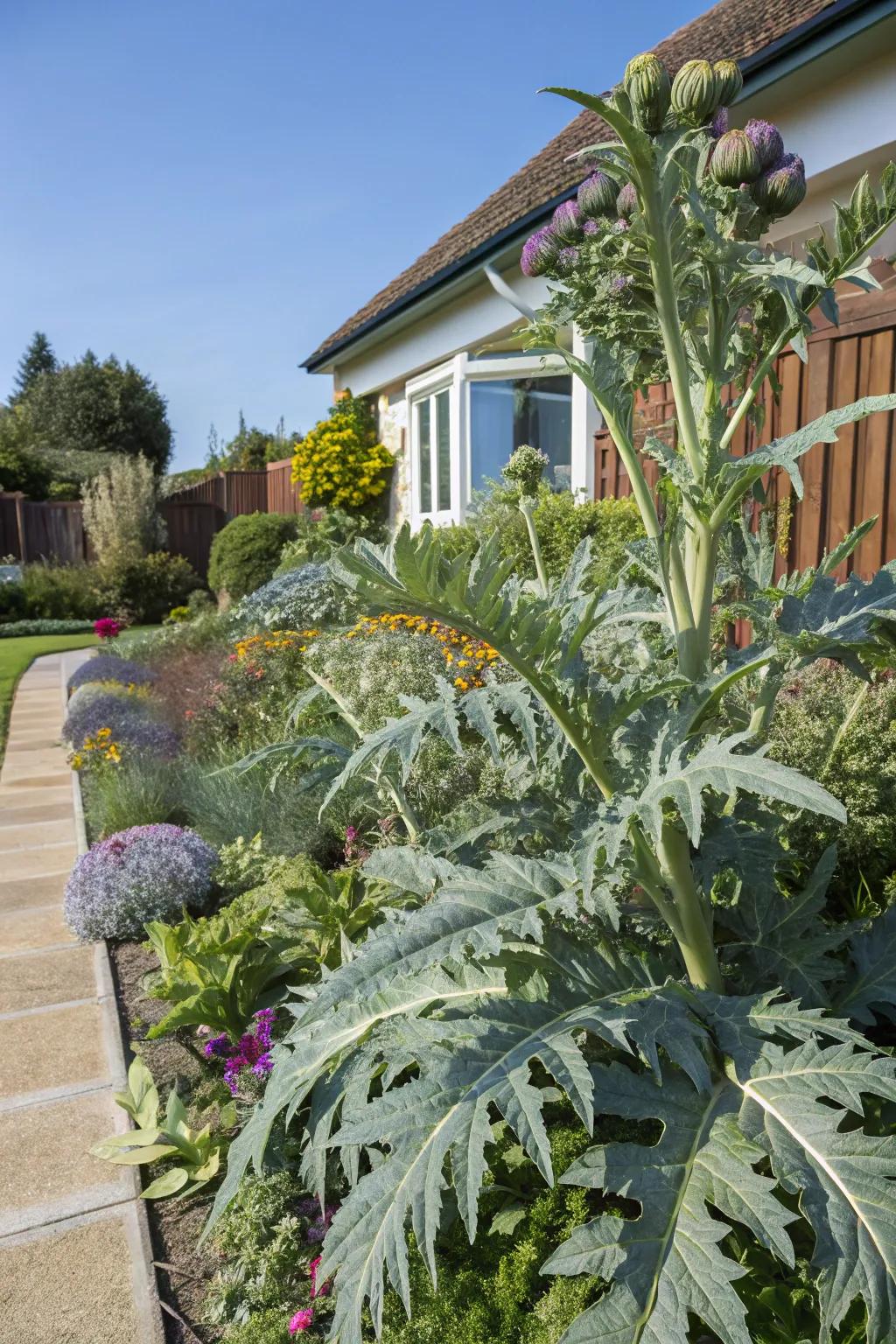 Unusual edibles like cardoon add a unique twist to the garden.