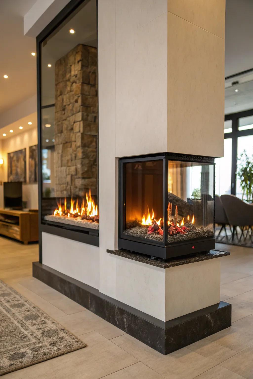 A two-sided electric fireplace connecting two spaces