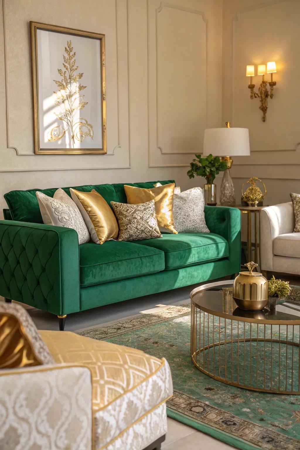 Opposite cushions make verdant decor look interesting.