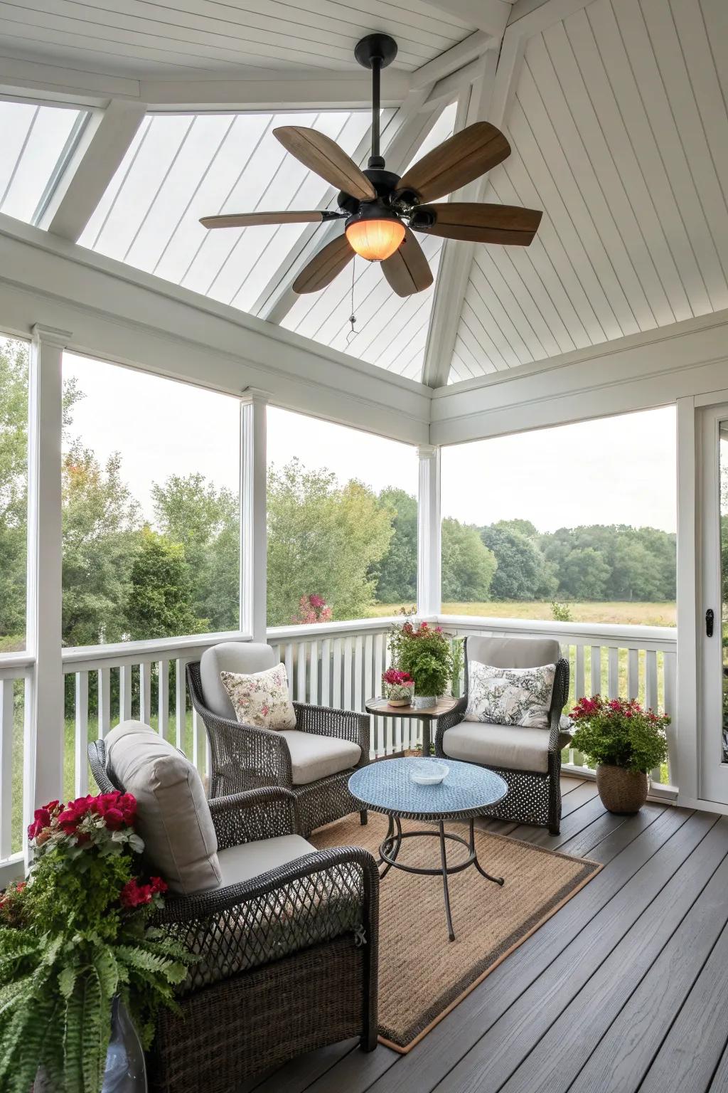 A ceiling fan ensures comfort on an enclosed deck.