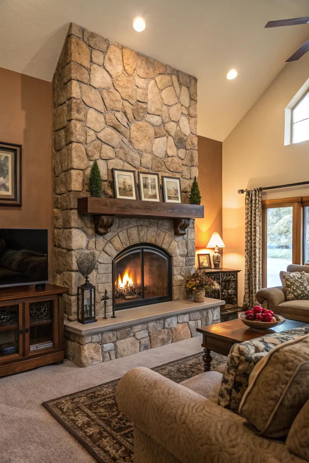 A stone hearth functions as a cozy centerpiece.