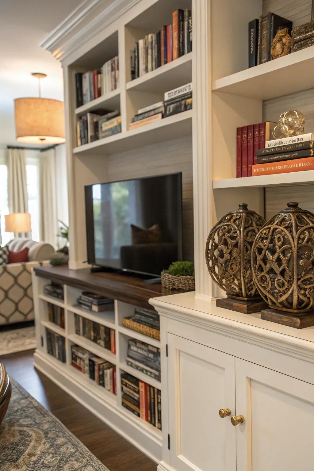 A mini library adds a touch of sophistication to this media center.