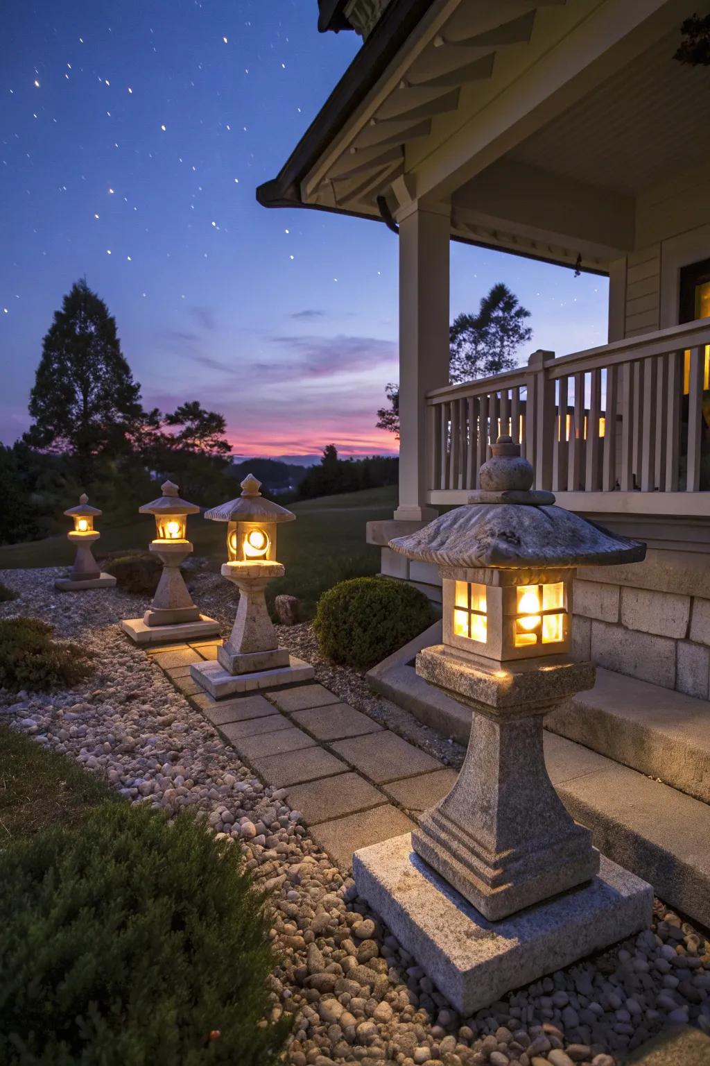 Enchanting stone lamps that contribute radiance and allure to the porch.