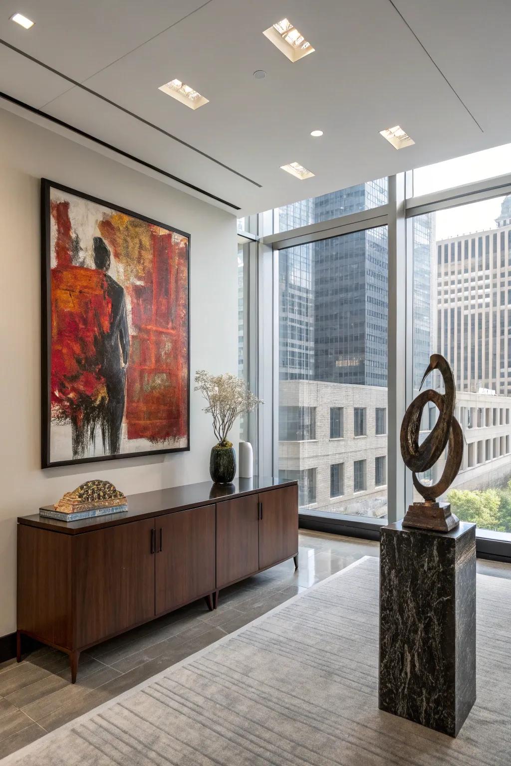 A statement piece adds character to this executive office.