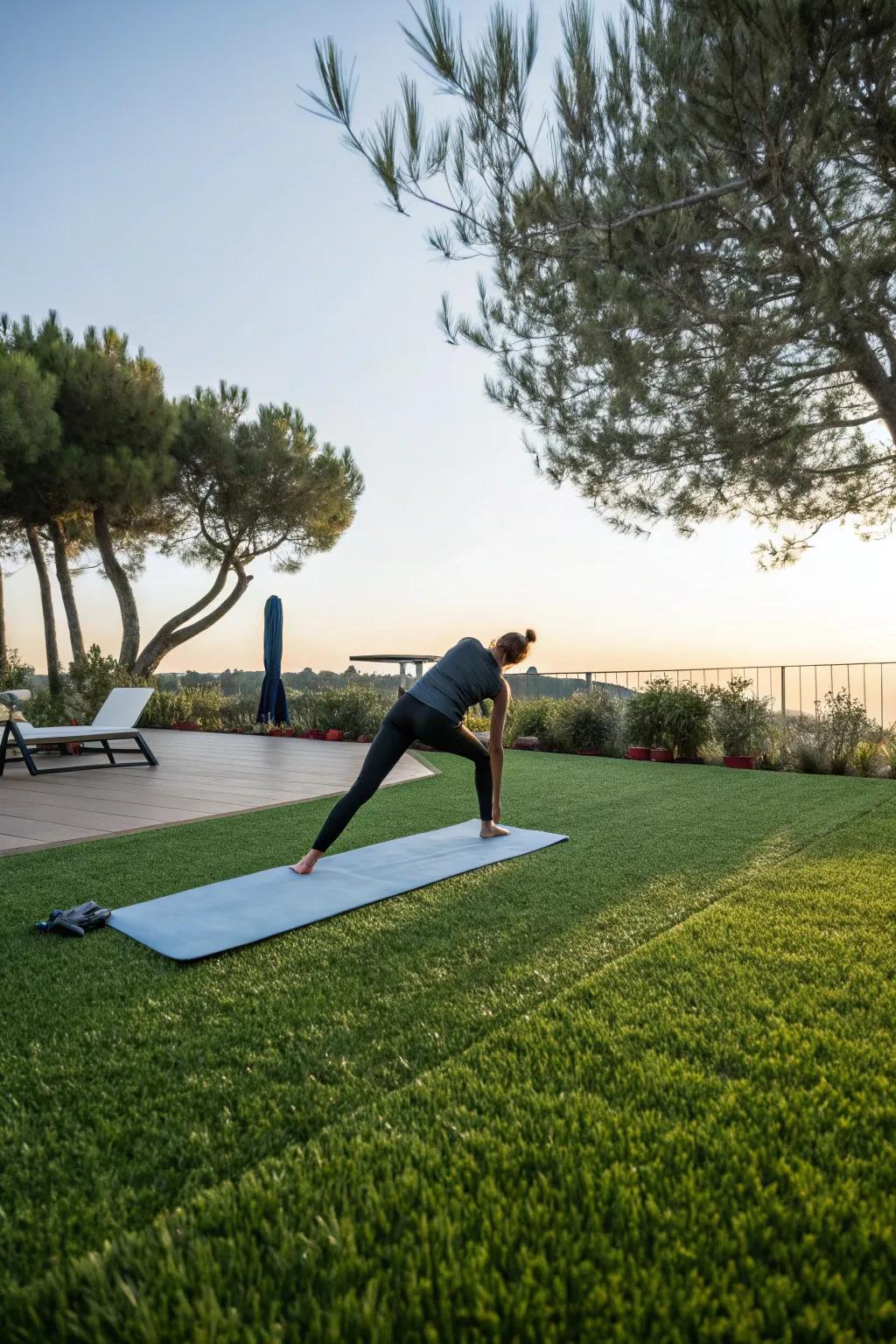 An outdoor yoga studio on a soft, green artificial grass base.