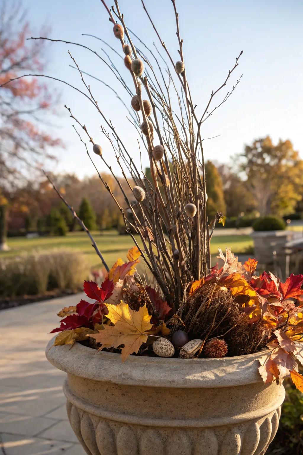 Dried elements introduce rustic charm.