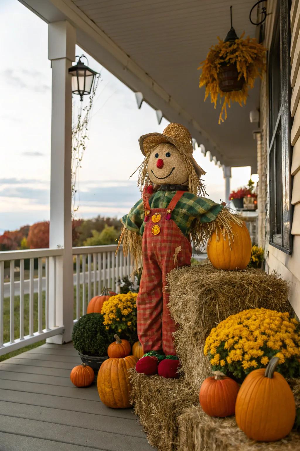 A cheerful effigy conveys a whimsical stroke to the autumn porch.