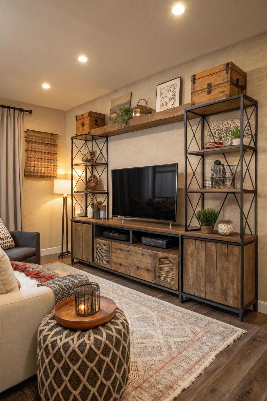 Varied textures enrich interest and depth in the family room design.