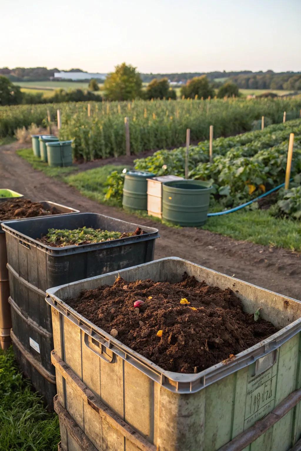 Decay bins transforming waste into valuable soil enrichment.