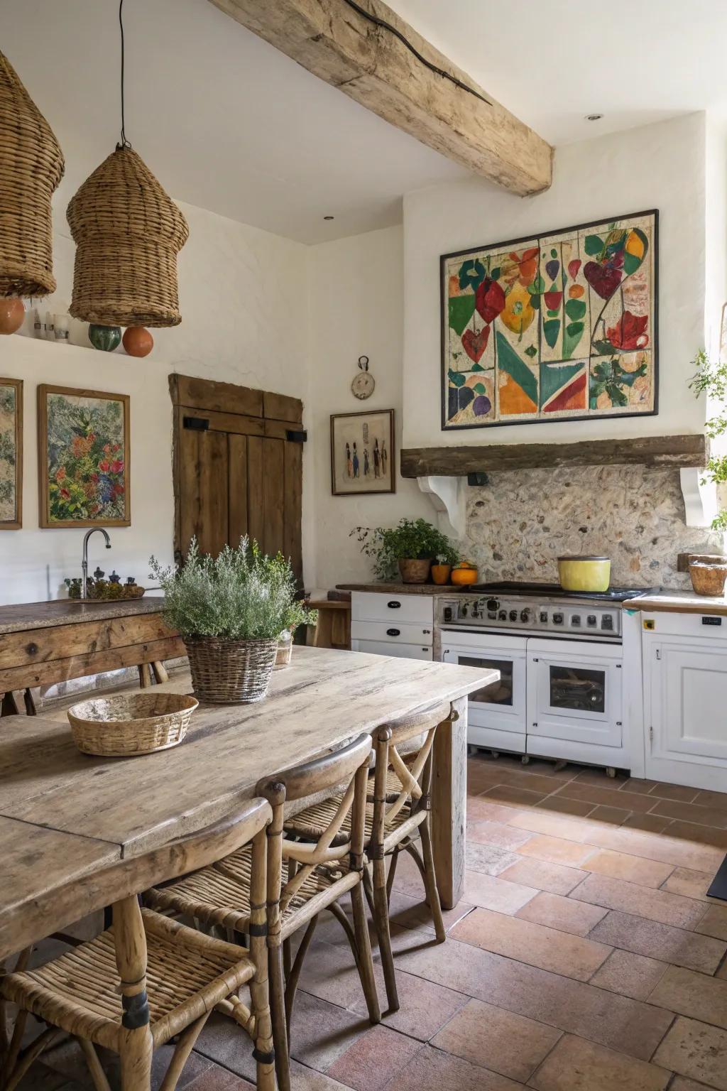 A diverse art piece developing a point of focus within a farmhouse cooking space.