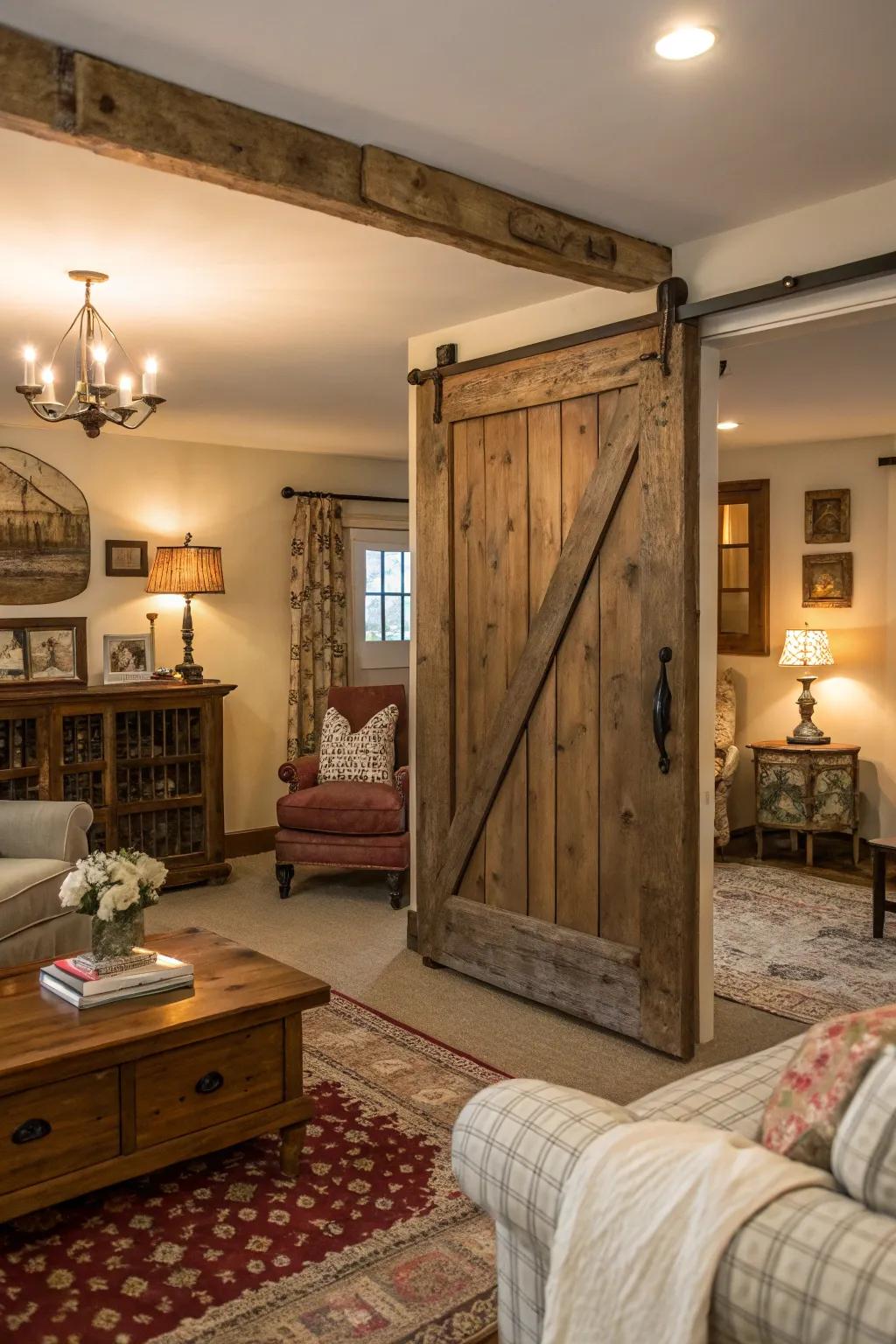 A stable door introduces functional farmhouse charm within this living area.