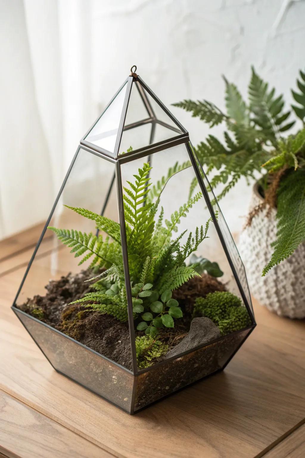 Embrace modern minimalism with this stunning fern terrarium, perfect for contemporary spaces.