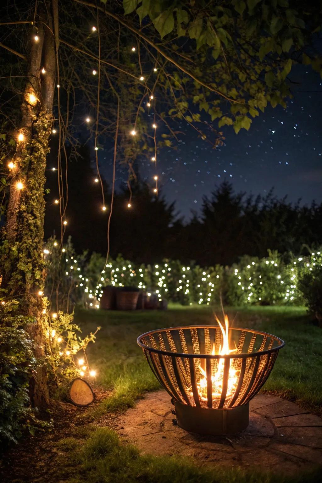 A fairy tale garden setting with a fire pit basket and twinkling lights.