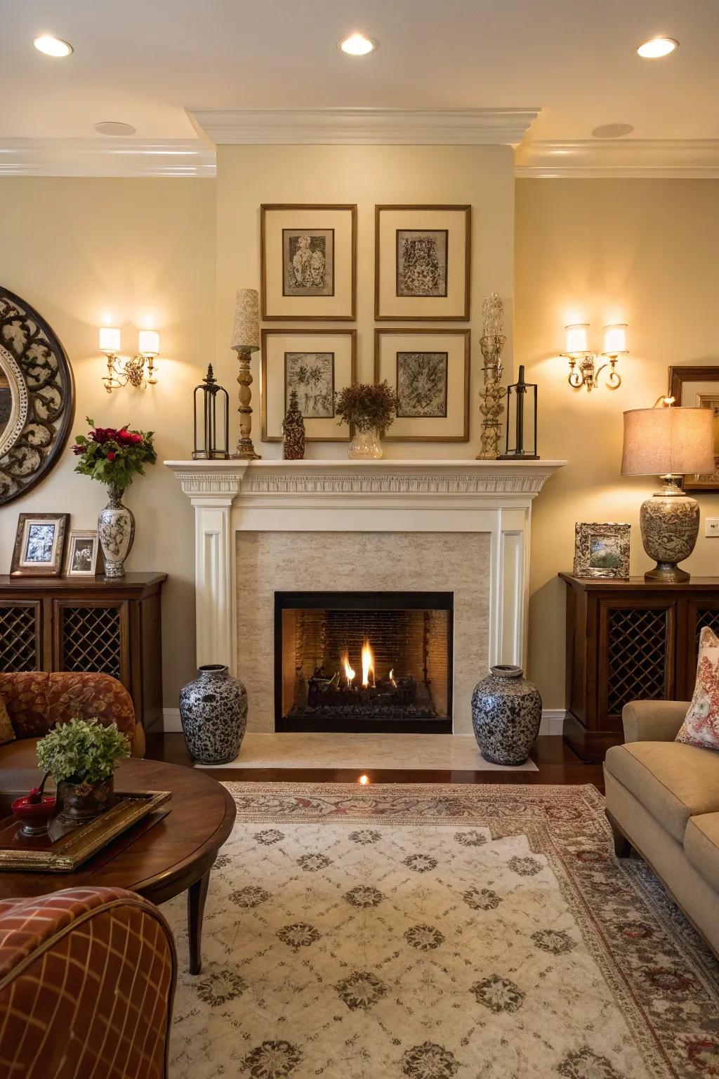 Symmetry brings balance and harmony to the fireplace area.