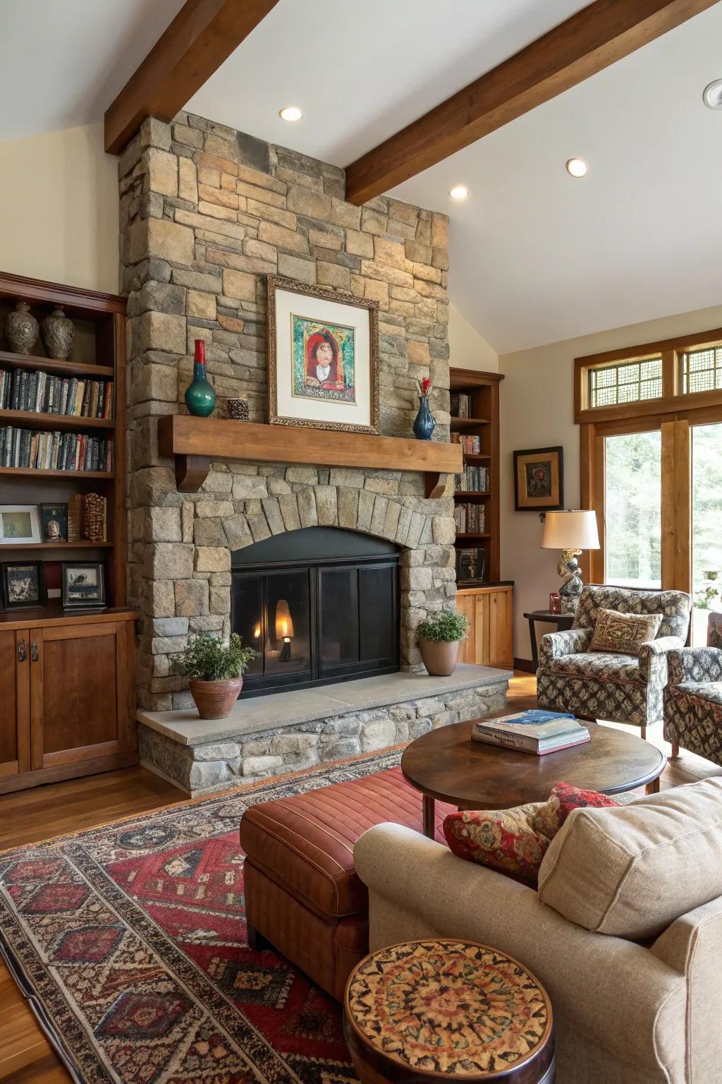 An eclectic mix of materials creates a unique and personal fireplace frame.