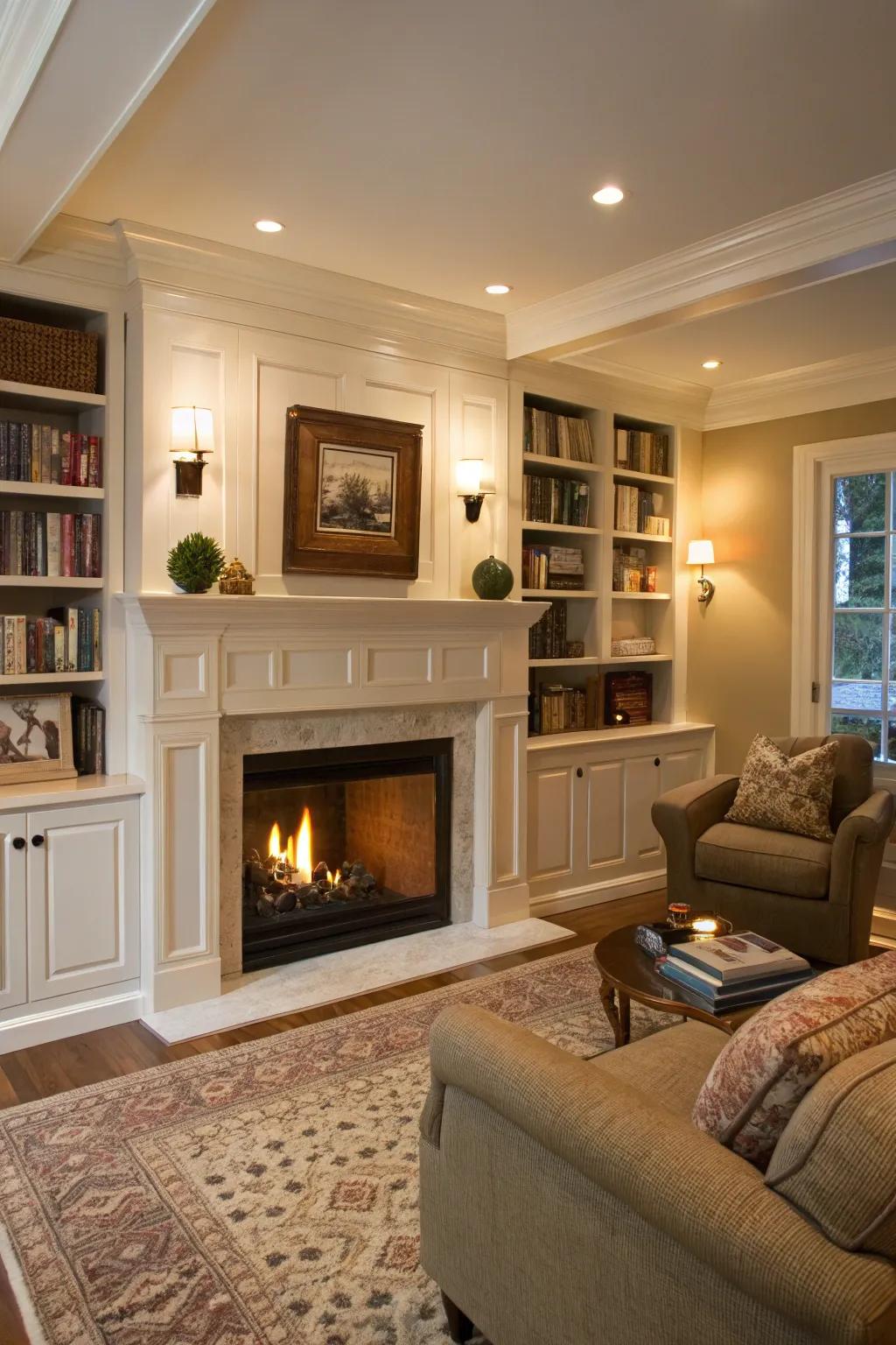 Custom shelving adds practicality and style to your fireplace.