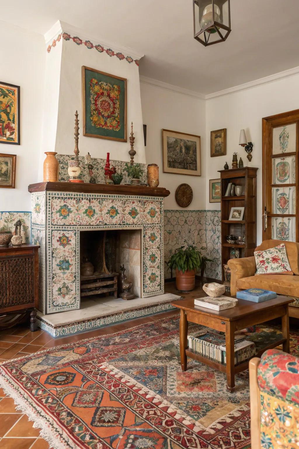 An eclectic living room shines with a fireplace that's decked out in vintage and cultural treasures.