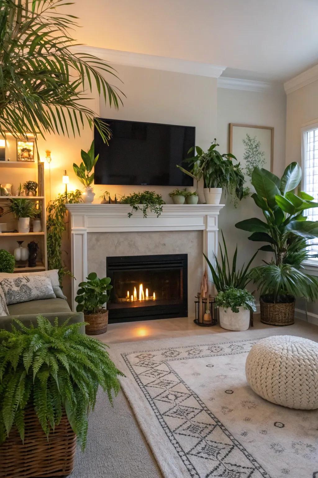 A family room showcasing greenery surrounding a fireplace wall and TV.