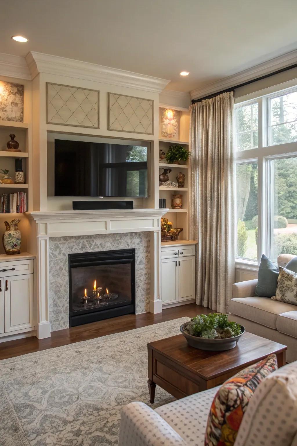 A tidy living area with concealed storage solutions around a fireplace.