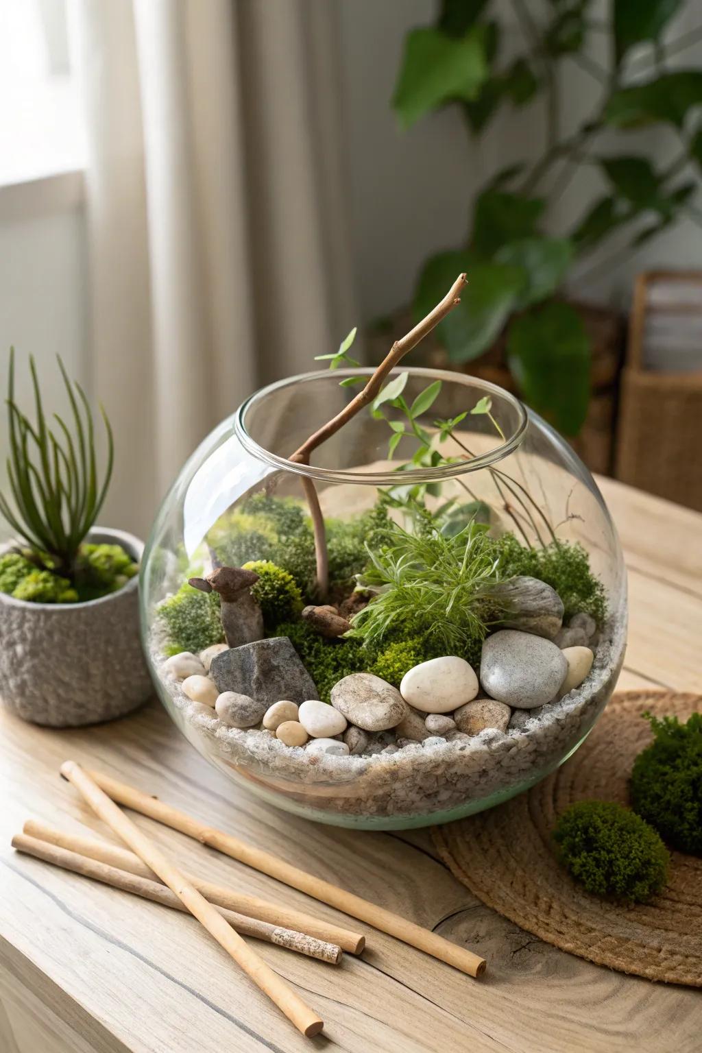 Bring the serene beauty of nature indoors with this rustic fish bowl terrarium.