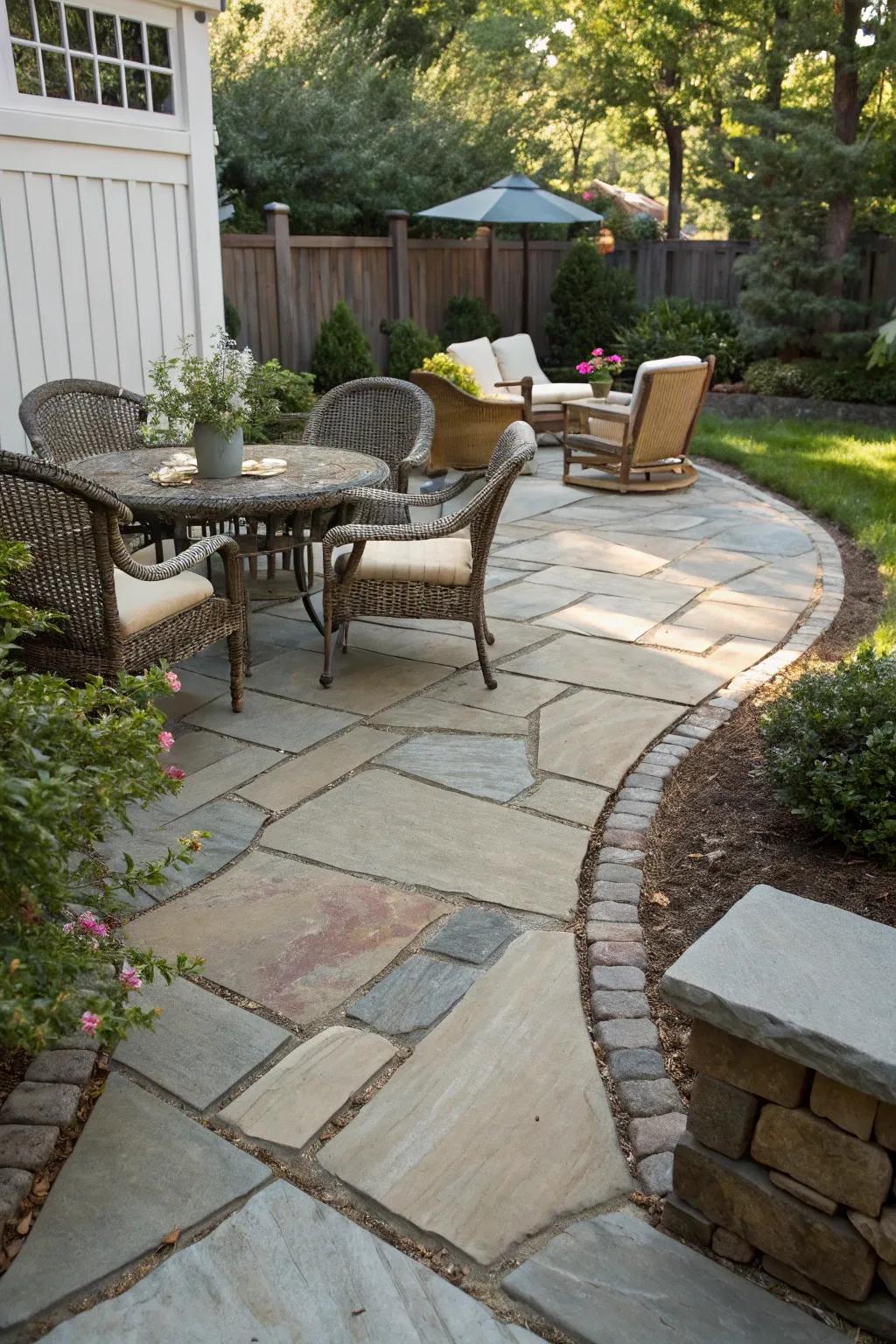 Flagstone edging defines and beautifies courtyard areas.