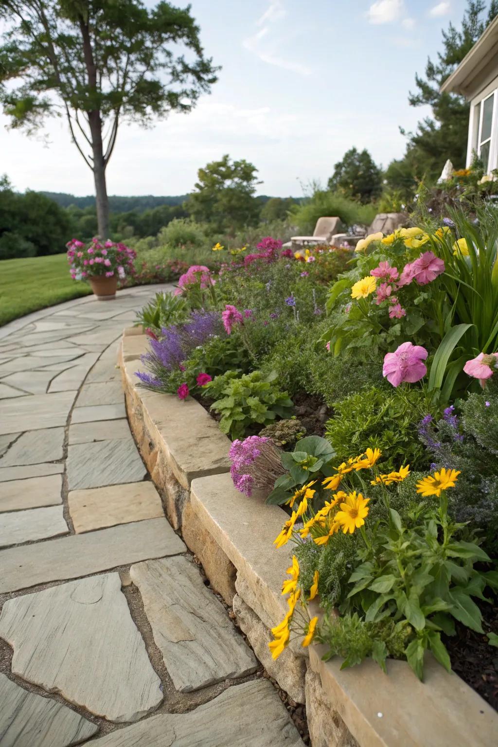 Flagstone edging providing a beautiful finish to a garden bed.