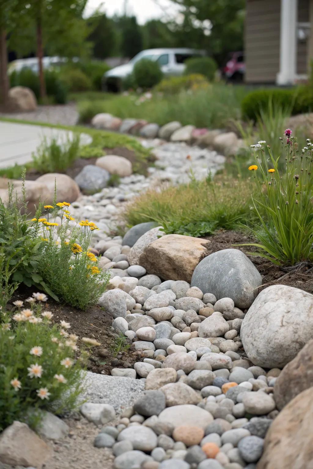 Transform your garden with a charming dry creek that combines functionality with natural beauty.