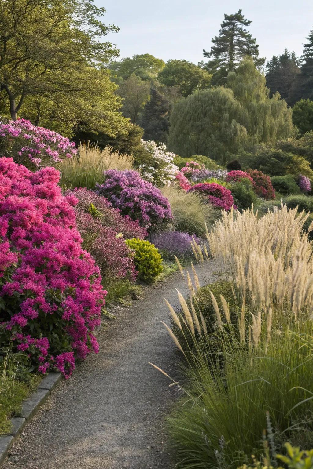Add texture with flowering bushes and contrasting plants.