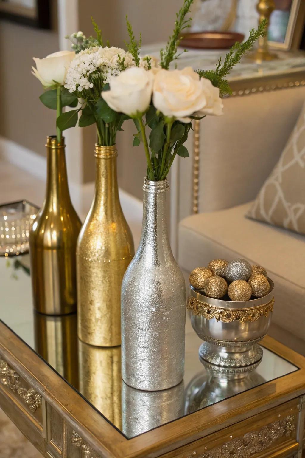 Bring a touch of glam to your decor with metallic painted bottle vases.