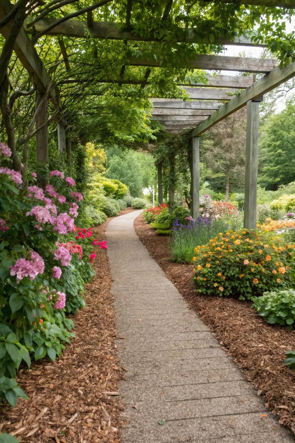 Mulched walkways impart a velvety, natural ambiance to gateways.