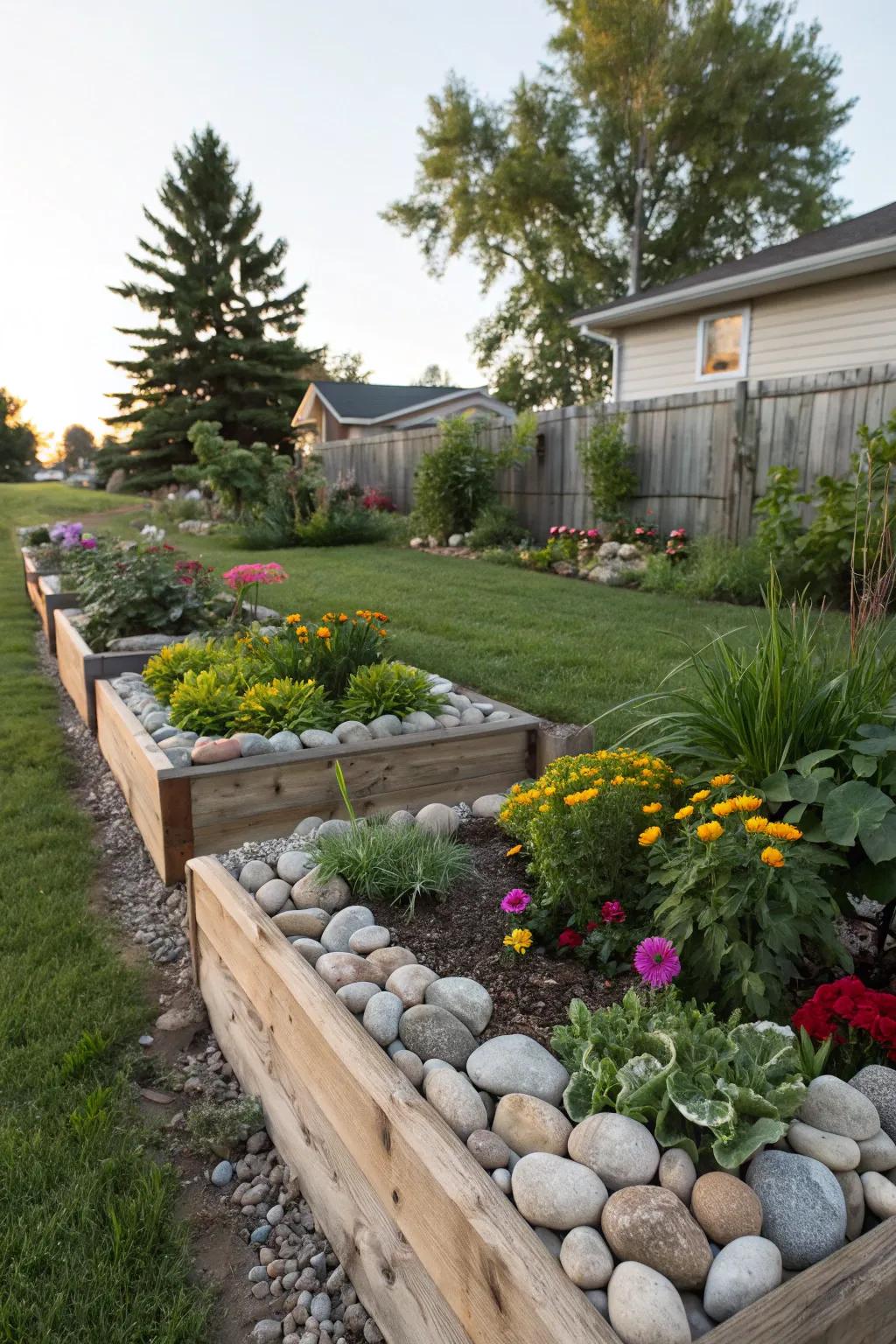 Elevated beds with river rocks add complexity and beauty.