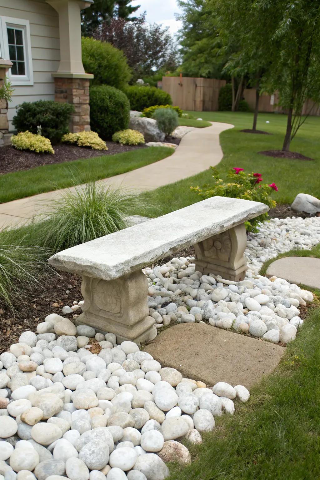 Relax on a natural stone bench amidst white rocks.