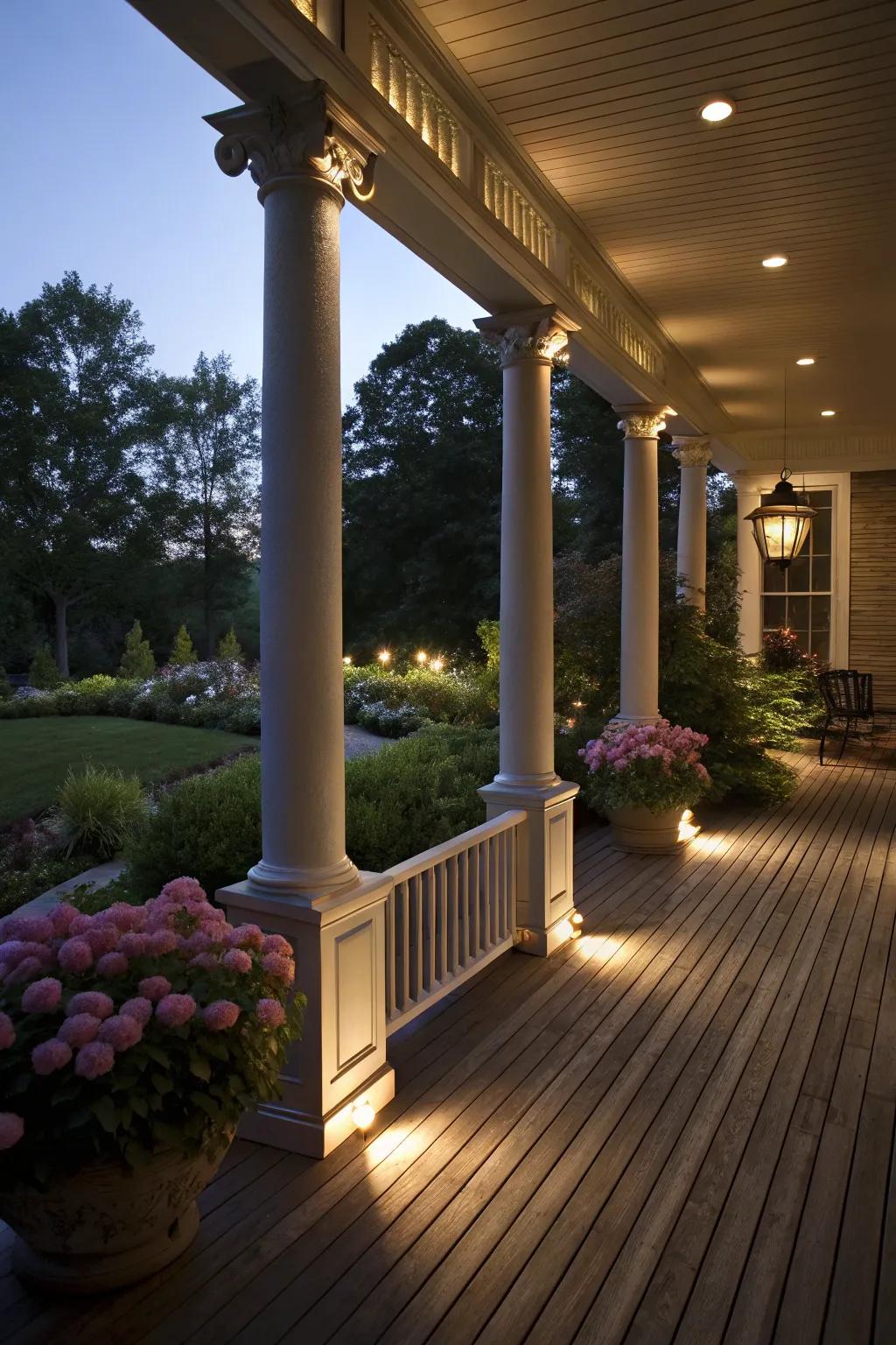 Integrated lighting on columns evokes a warm and inviting evening ambiance.